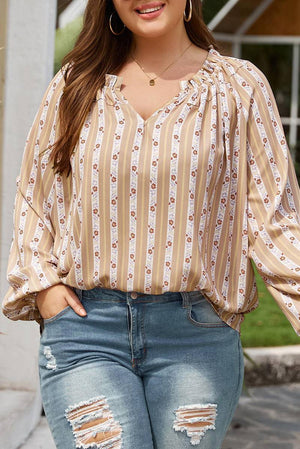 Plus Size Printed V-Neck Drawstring Blouse