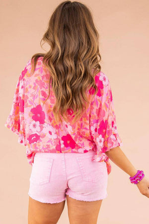 Floral Print Ruffled Half Sleeve Plus Size Blouse