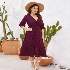 Plus Size Leopard V-neck Balloon Sleeve Dress