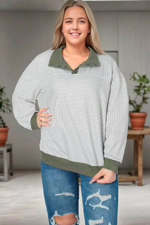 Striped Contrasting Trim Plus Size Henley Pullover