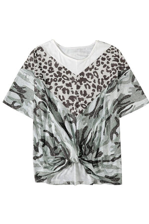 Plus Size Leopard Camo Splicing Twist Knot Half Sleeve T-Shirt