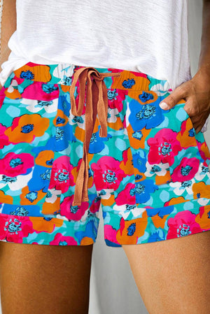 Plus Size Abstract Floral Print Drawstring Shorts