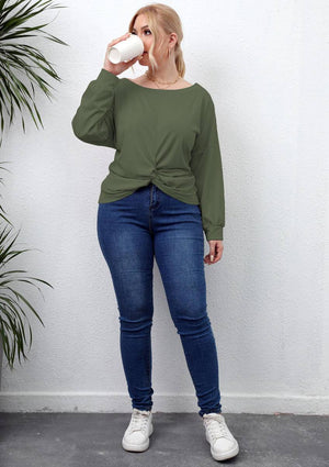 Plus Size Solid Round Neck Twisted Hem Long Sleeve T-Shirt