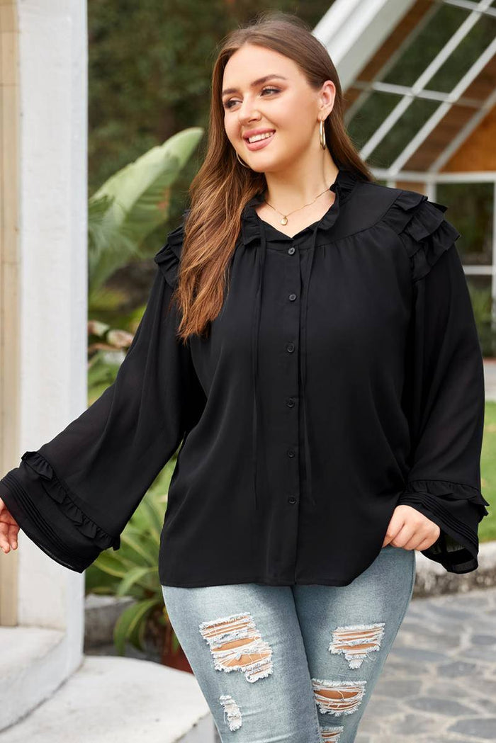 Tiered Ruffled Shoulder Buttoned Plus Size Blouse