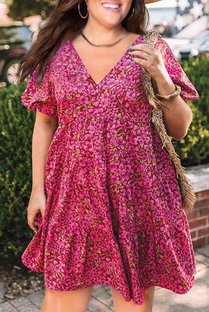 Plus Size Floral V Neck High Waist Dress