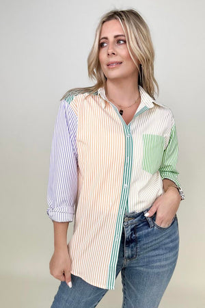 Davi & Dani Multicolor Mixed Stripe Button Front Top