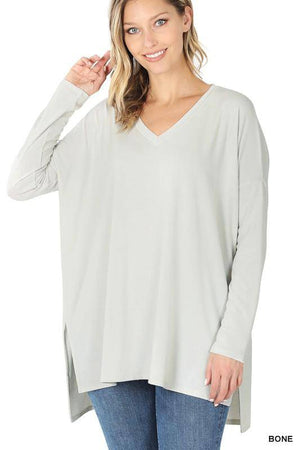 Zenana Solid Dolman Sleeve V Neck Top With Side Slits