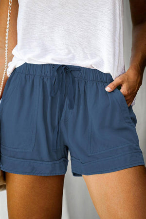 Solid Plus Size Elastic Waist Drawstring Pocket Shorts