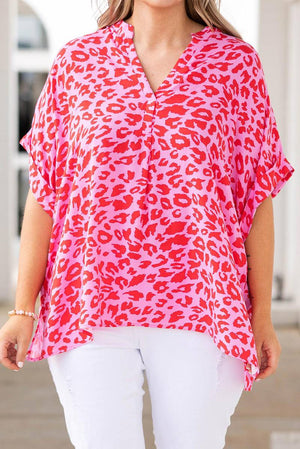 Leopard Print V Neck Half Sleeve Plus Size Blouse