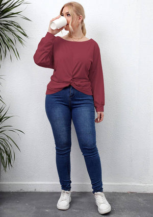 Plus Size Solid Round Neck Twisted Hem Long Sleeve T-Shirt