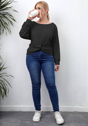 Plus Size Solid Round Neck Twisted Hem Long Sleeve T-Shirt