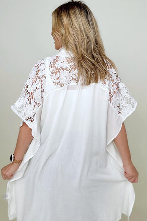 Davi & Dani Solid Button Down Short Sleeve Hi-Low Lace Loose Top