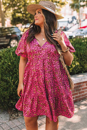 Plus Size Floral V Neck High Waist Dress