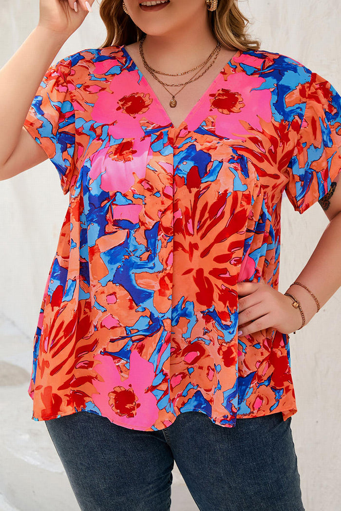 Abstract Floral Print V Neck Plus Blouse