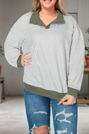 Striped Contrasting Trim Plus Size Henley Pullover