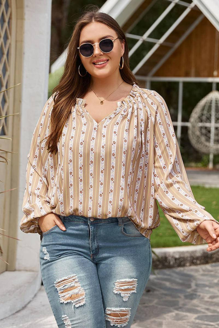 Plus Size Printed V-Neck Drawstring Blouse