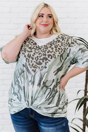 Plus Size Leopard Camo Splicing Twist Knot Half Sleeve T-Shirt