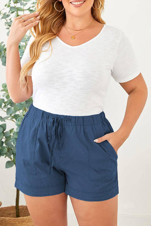 Solid Plus Size Elastic Waist Drawstring Pocket Shorts