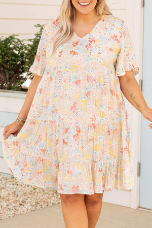 Plus Size Floral V Neck High Waist Dress