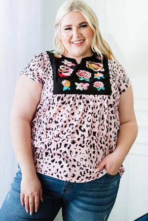 Leopard Flower Print Splicing Short Sleeve Plus Size Tunic