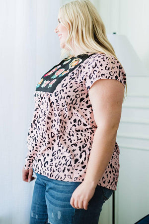 Leopard Flower Print Splicing Short Sleeve Plus Size Tunic