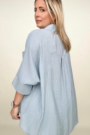 Umgee Pleated Batwing Short Sleeve Button Up Top