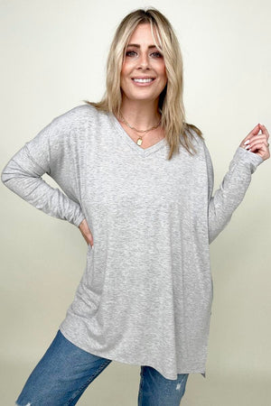 Zenana Solid Dolman Sleeve V Neck Top With Side Slits