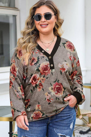 Floral Long Sleeve Plus Size Henley Top