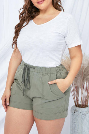 Solid Plus Size Elastic Waist Drawstring Pocket Shorts