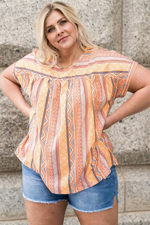 Tribal Geometric Print Plus Size Short Sleeve Top