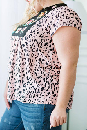 Leopard Flower Print Splicing Short Sleeve Plus Size Tunic