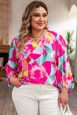 Plus Size Graffiti Print Puff Sleeve Blouse