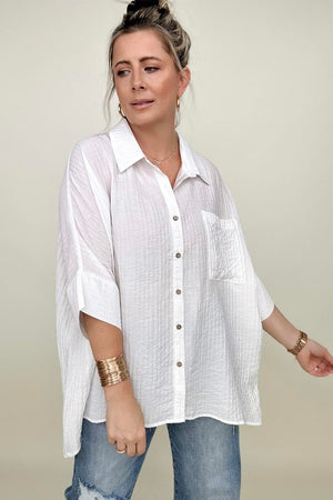 Umgee Pleated Batwing Short Sleeve Button Up Top