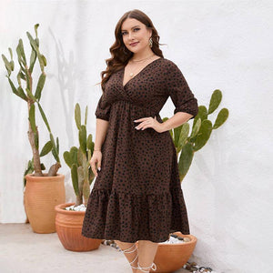 Plus Size Leopard V-neck Balloon Sleeve Dress