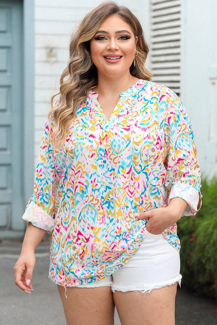 Plus Size Geometric Print Notched V-Neck Blouse