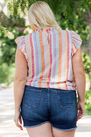 Multicolor Striped Frill Round Neck Ruffle Sleeve Blouse