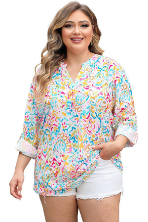 Plus Size Geometric Print Notched V-Neck Blouse