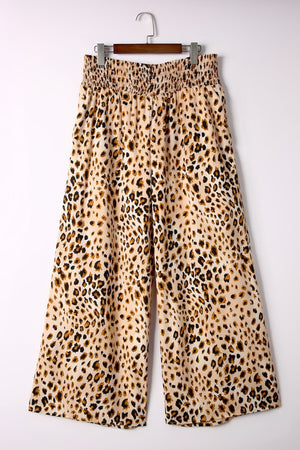 Plus Size Leopard Smoked High Waist Wide Leg Pants