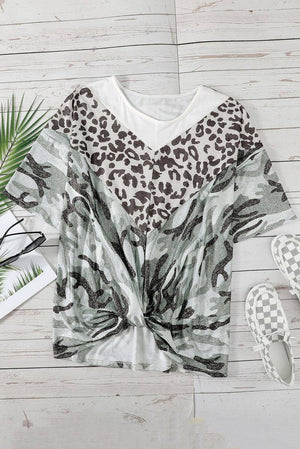 Plus Size Leopard Camo Splicing Twist Knot Half Sleeve T-Shirt