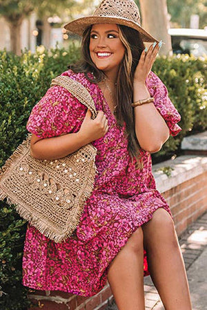 Plus Size Floral V Neck High Waist Dress