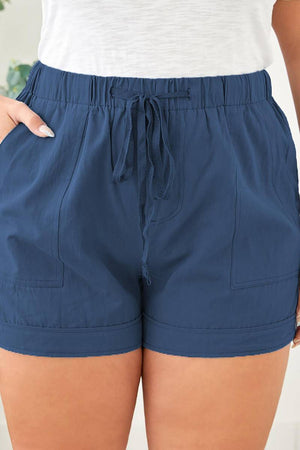 Solid Plus Size Elastic Waist Drawstring Pocket Shorts