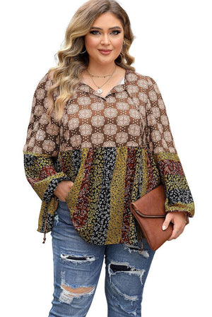 Mix Floral Striped Ethnic Splicing Plus Size Blouse