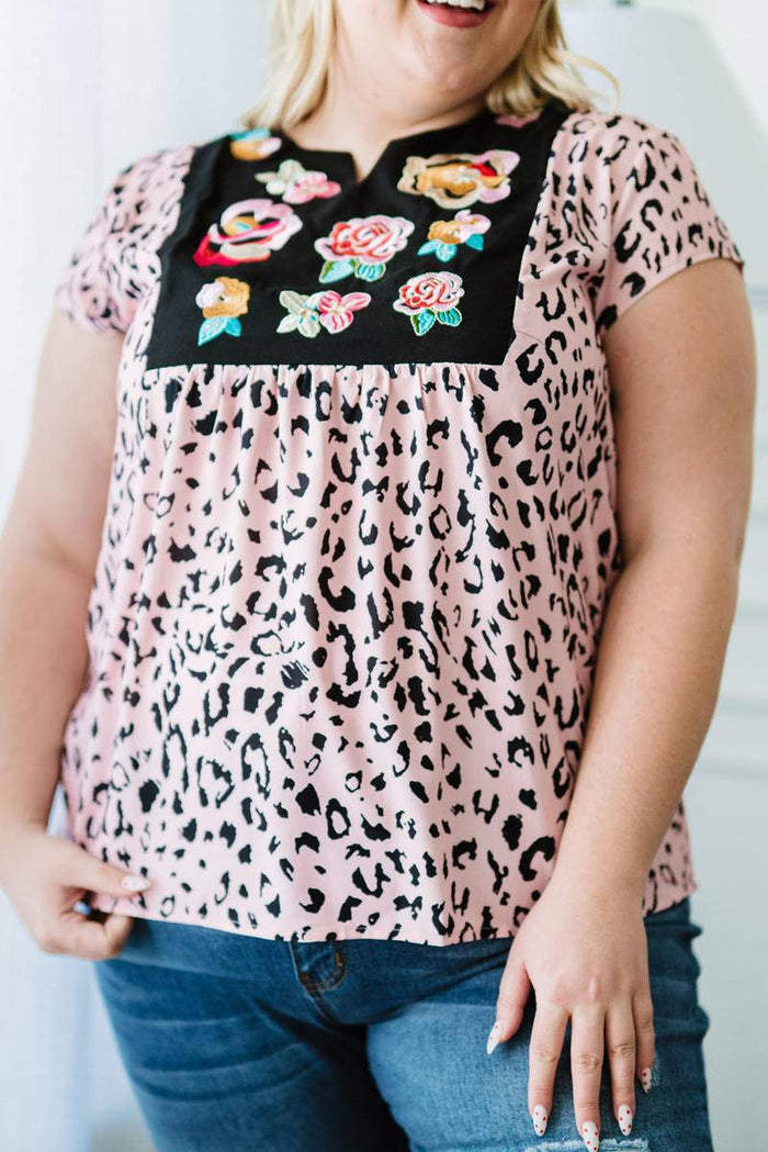 Leopard Flower Print Splicing Short Sleeve Plus Size Tunic