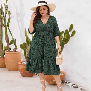 Plus Size Leopard V-neck Balloon Sleeve Dress