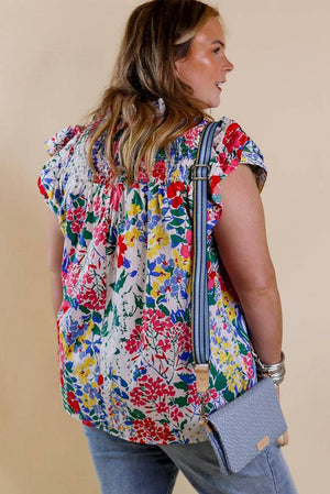 Plus Floral Print Ruffle Cap Sleeve V Neck Blouse