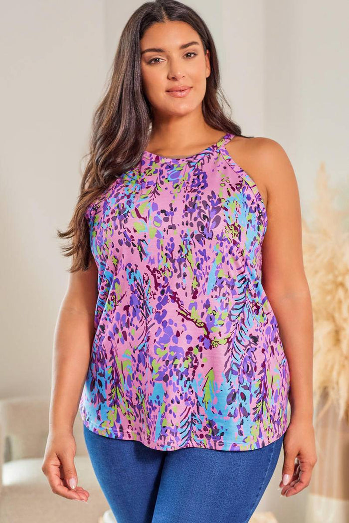 Floral Print Round Neck Plus Size Tank Top