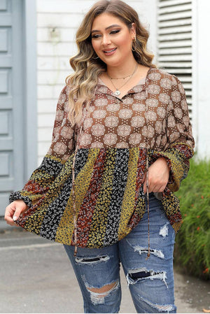 Mix Floral Striped Ethnic Splicing Plus Size Blouse