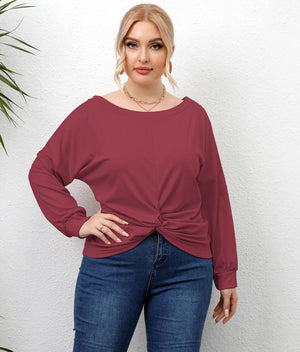 Plus Size Solid Round Neck Twisted Hem Long Sleeve T-Shirt