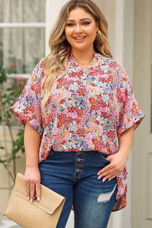 Multicolor Floral V Neck Half Sleeve Plus Size Blouse