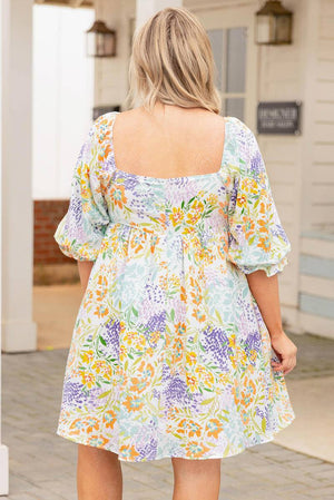 Plus Size Floral Print Ruffle Bubble Sleeve Dress